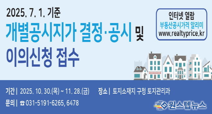 수원시 권선구, 7월 1일 기준 개별공시지가 결정·공시 및 이의신청 접수 시작