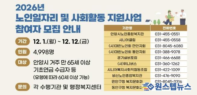 안양시, 2026 노인일자리 참여자 ‘4,998명’ 모집…12일까지 신청