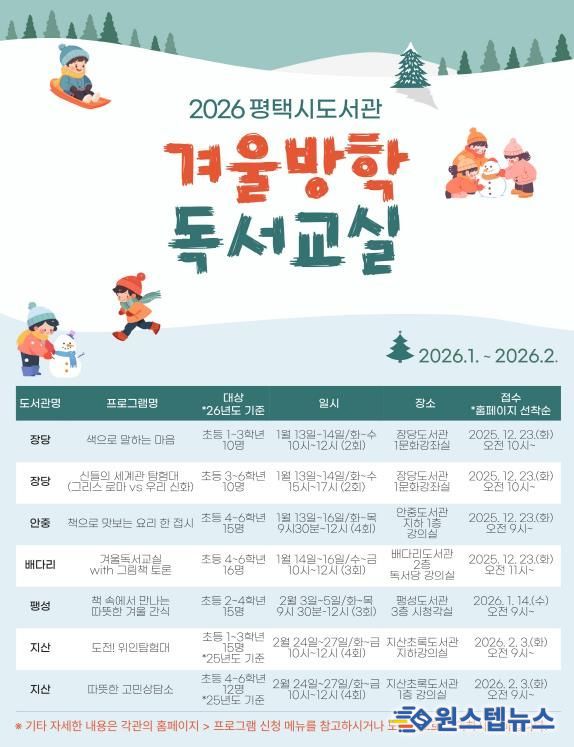 2026년 평택시 도서관 ‘겨울방학 독서교실’ 운영