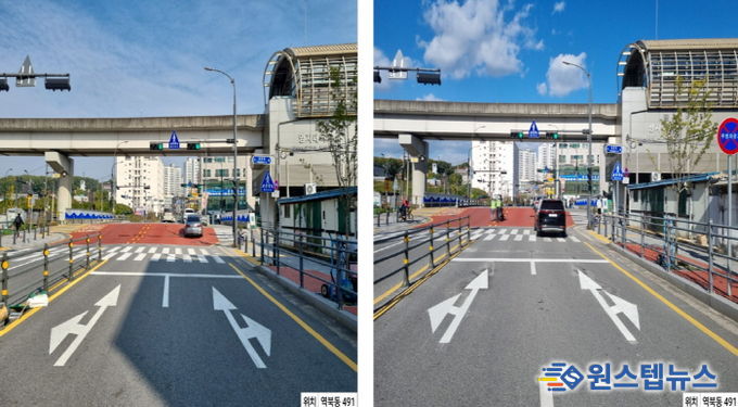 횡단보도와 차량정지선 이격거리를 5m로 확대한 처인구 역북동 491번지의 모습. 사진은 이격거리 확대 전(좌)과 확대 후(우)의 모습.