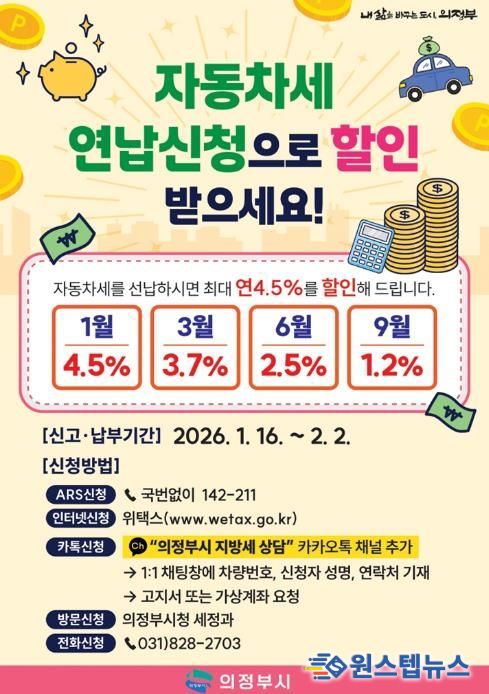 의정부시, 1월 자동차세 연납 시 4.5% 할인