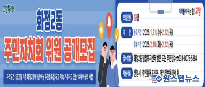 고양시 화정2동, 2026년 상반기 주민자치회 위원 19명 공개모집