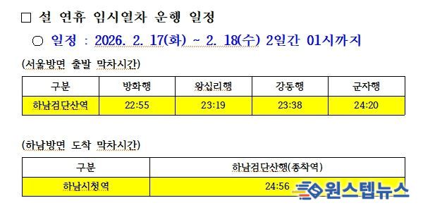 설 연휴 5호선 연장운행 시각표