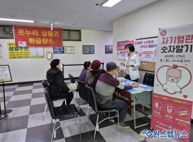 13일 구리농수산물도매시장 온누리상품권 환급행사 참여자에게 혈압·혈당 검사와 상담을 시행하고 있다.