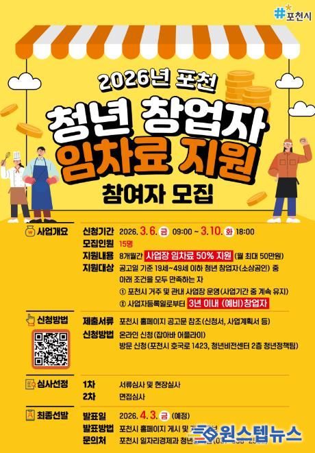 포천시, 2026년 청년 창업자 임차료 지원사업 참여자 내달 10일까지 모집