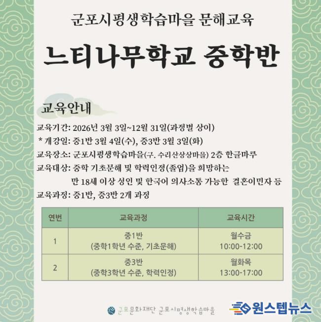 군포문화재단, 2026학년도 문해교육 느티나무학교 개강