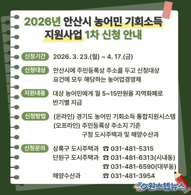 '2026 안산시 농어민 기회소득 지원사업' 디지털 홍보자료.