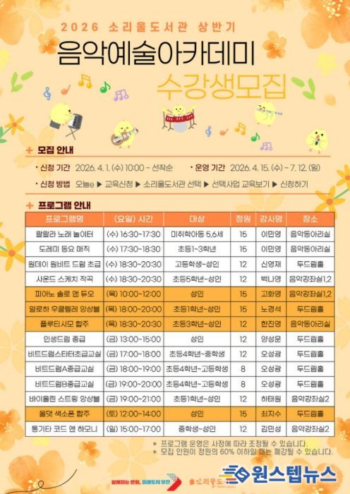 오산시 소리울도서관, ‘상반기 음악예술아카데미’ 수강생 모집