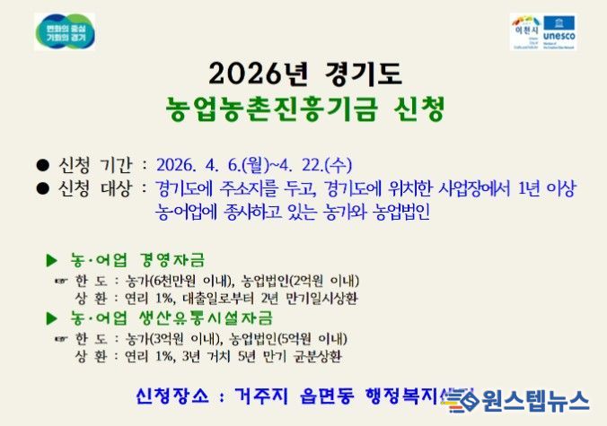 이천시, 2026년도 경기도 농업농촌진흥기금 지원사업 신청·접수