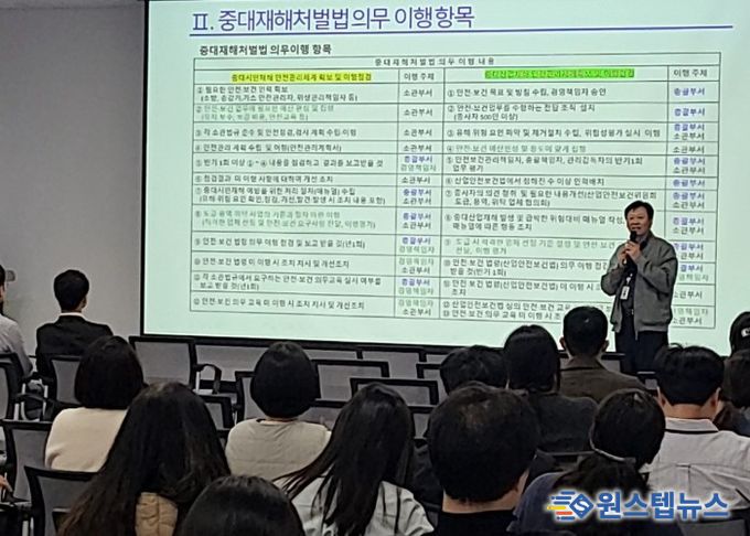 화성특례시 안전정책과 관계자가 만세구청 직원들을 대상으로 중대재해처벌법 의무 이행사항을 설명하고 있다