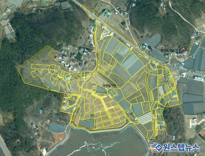 이번에 지적재조사사업이 완료된 대부도 아랫말지구 주제도.