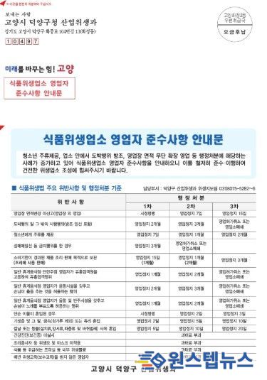 고양시 덕양구, 식품위생업소 대상 영업자 준수사항 안내문 배부